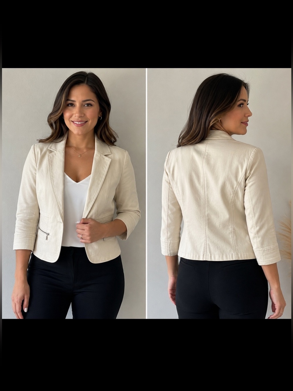 DB Established 1962 Cream Cropped Blazer Jacket Women’s 3/4 Sleeve Zip Pocket Ca